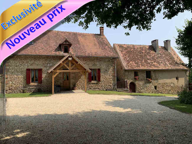 Maisons XV et XIXe siècles reliées, 240 m² hab, 9 pièces, proche Bourbon-l’Archambault en Bocage bourbonnais (03 Allier): confort contemporain, 3 terrasses. Puits, source, rivière, écuries. Presque 4 ha